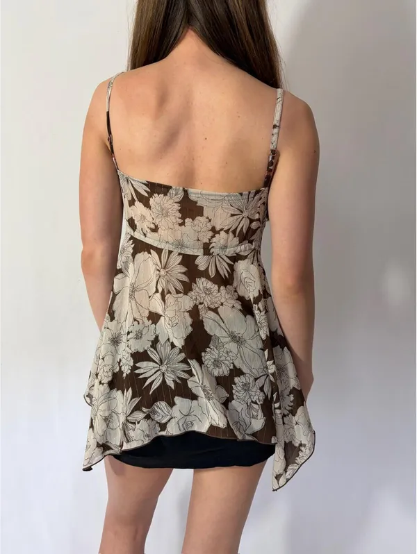 Brown Floral Babydoll Silky Ruffle Y2K Fairy Top - Image 6