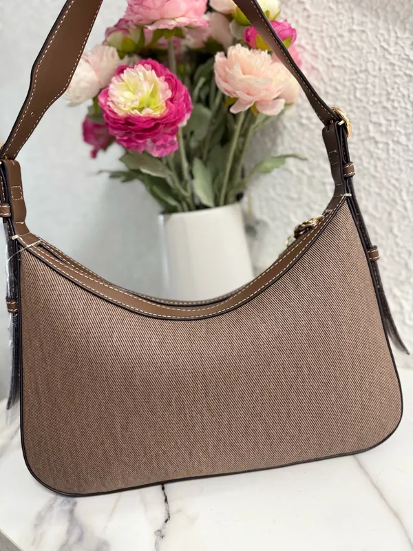 Nine West Brown Canvas Hobo Shoulder Bag with Tassel Charm - Image 5