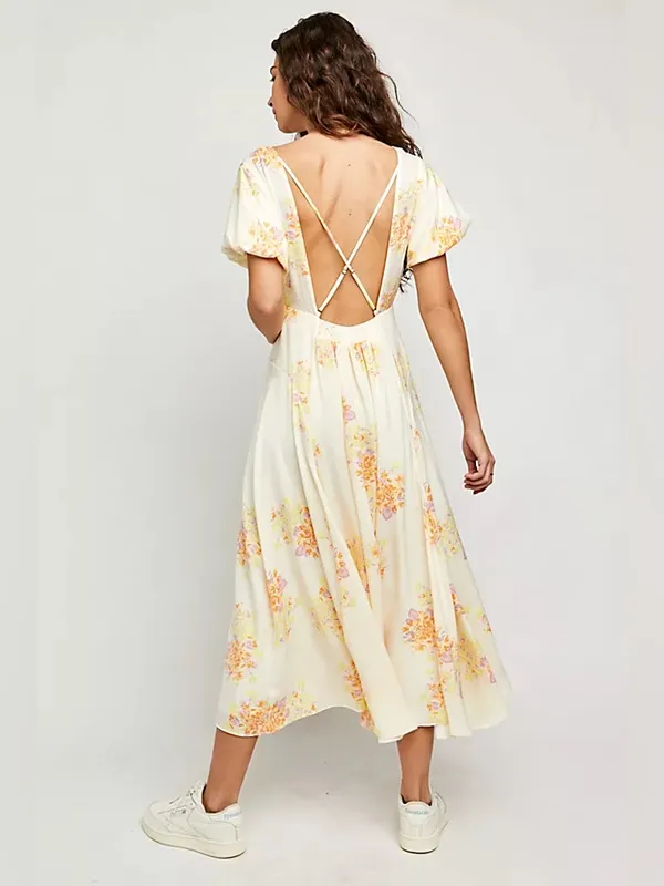 Free People Laura Yellow Floral Print Midi Dress Women's Small Boho Romantic - Image 3