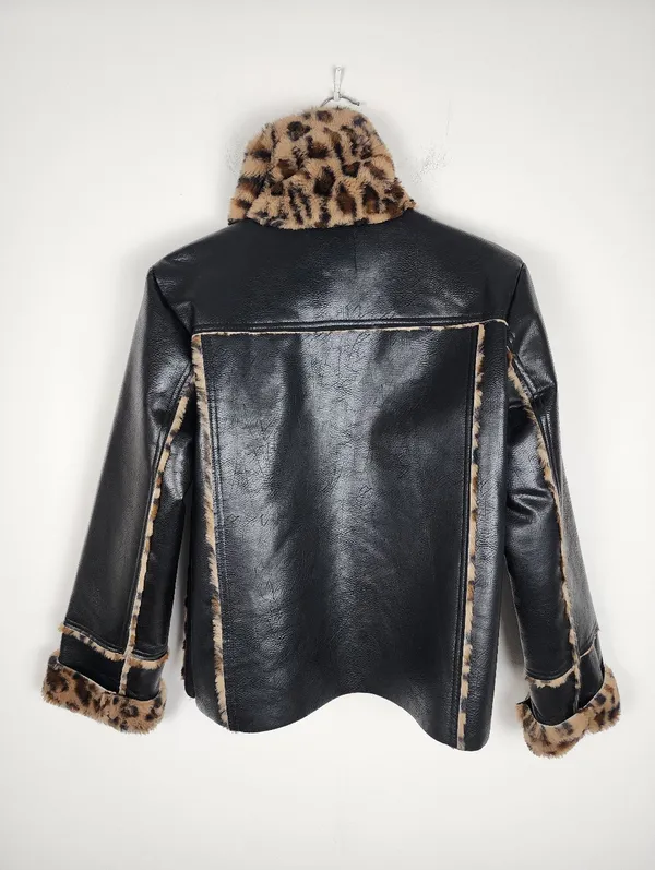Black Faux Leather Moto Jacket with Leopard Faux Fur Accent - Image 6