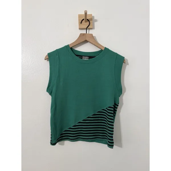 Maeve Green/Black Striped Ribbed Knit Crew Neck Sleeveless Muscle Tank Top Sz M - Image 2