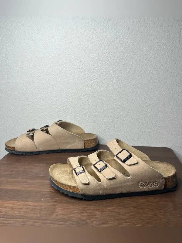 Birkenstock Birkis Tan Three Strap Slip On Florida Sandals Women’s 8 Men’s 6 - Image 4