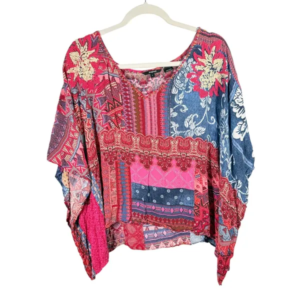 Desigual Patchwork Boho Blouse Pink Blue Paisley Dolman‎ Sleeve Womens Large - Image 2