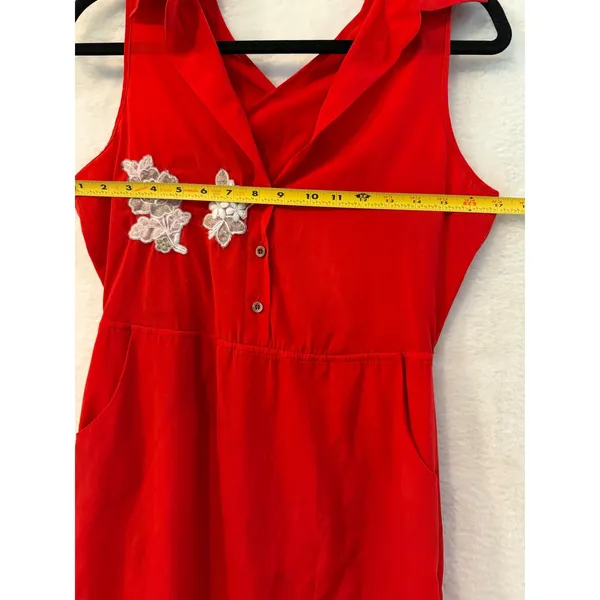 Bebe Red Mini Dress Womens XS Sleeveless Halter Lace Floral Pockets Button Front - Image 6