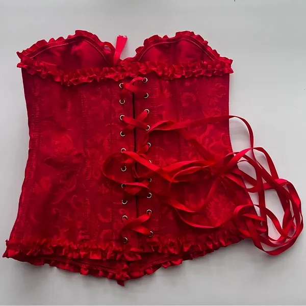 Lace up Hook and eye Red corset ruffle trim Medium - Image 3