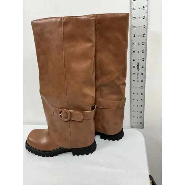 Womans New Teaieui Knee High Pull On Slouchy Fold over Riding Boots 6.5 Brown - Image 2