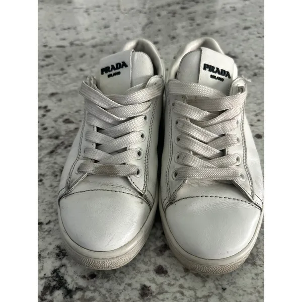 Prada white leather womens sneakers shoes 35 USED - Image 2