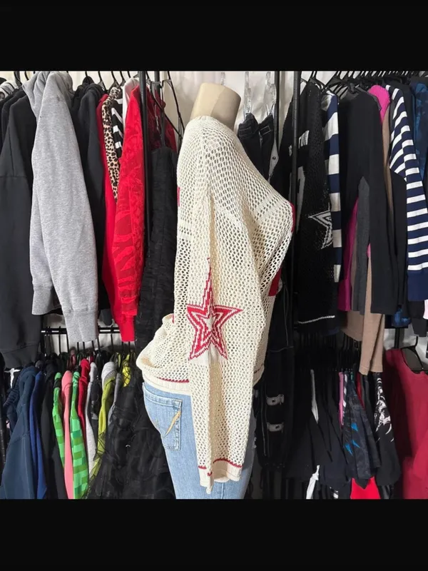 Y2k Graphic Oversized Crochet Jersey Shirt V Neck Long Sleeve Knit Pullover S - Image 8