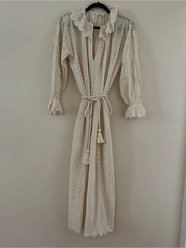 Doen Persephone Cream Eyelet Midi Dress with Tassel Belt in Magnolia NWT sz XXS - Image 4