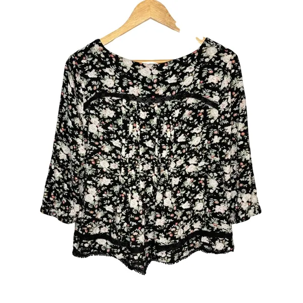 Maeve‎ Anthropologie Floral Lace Trim Blouse Womens 10 Black Boho Pleated Rayon - Image 10