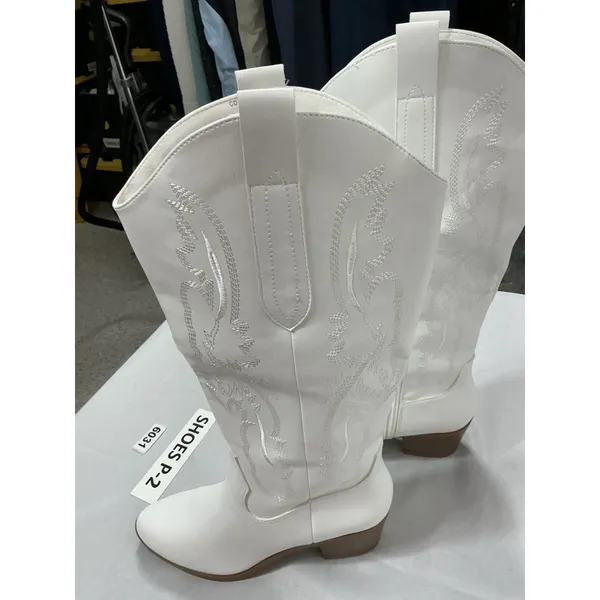 Womans Fran Willot Knee High Cowgirl Boots 9 White Embroidered Heel 1/2 Zip - Image 2