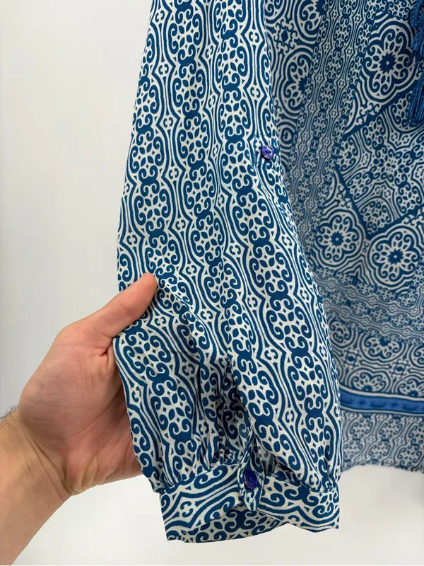 Tolani Blue Silk Medallion Print Boho Tassel Tie Blouse boho Top size large - Image 5