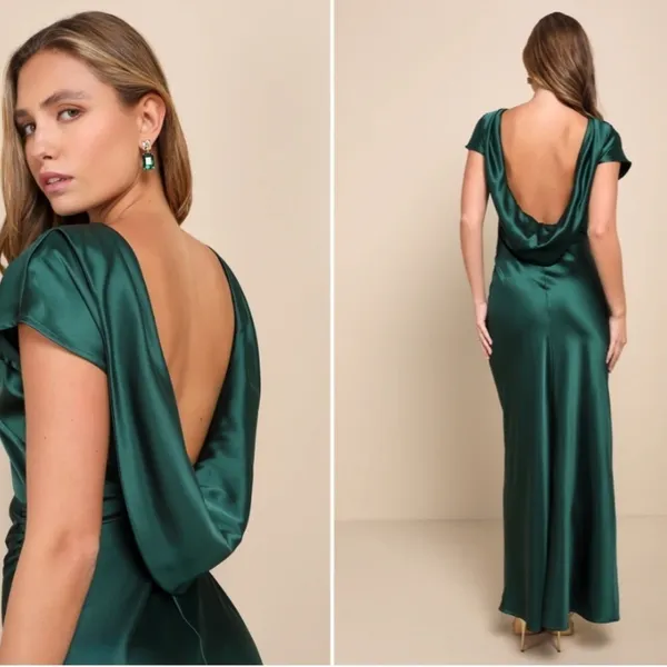 LULU's Elegant Sophisticated Sexy Chic Satin Modest Cowl Back Satin Maxi Dress - Image 4