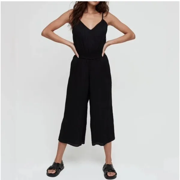 Wilfred Aritzia Irene Jumpsuit Size M Boho‎ Black Side Button Cinched Waist - Image 6