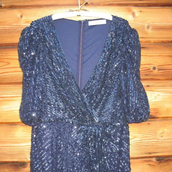 Mac Duggal 5578 Womens Sequined V Neck Short Puff Sleeve Midi Dress - Image 8