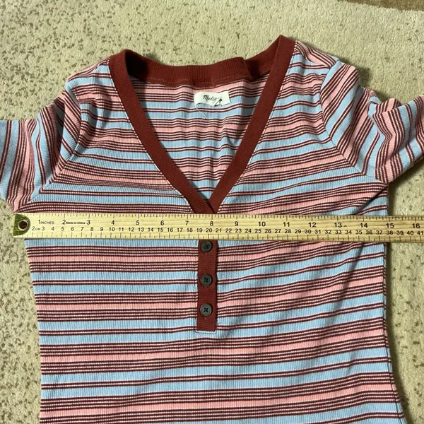 Madewell Striped Ribbed Henley Top Women S Blue Pink Long Sleeve V-Neck MB172 - Image 3