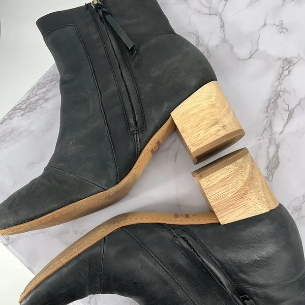 TOMS Evie Leather Women 9 Block Heel Ankle Boot‎ Black Side Zipper Comfy Boho - Image 8