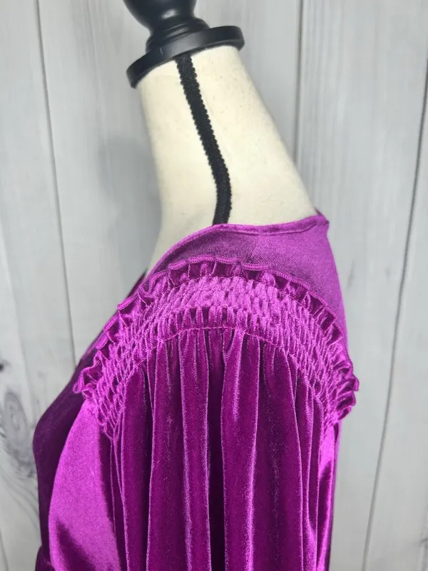 Umgee Women's Velvet Jewel Toned Purple Top Size M Fairy Smocked V-Neck - Image 7