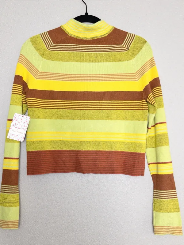 NWT Free People Rip Tide Zip Mockneck Top M Green Stripe Cropped Knit Sweater - Image 7