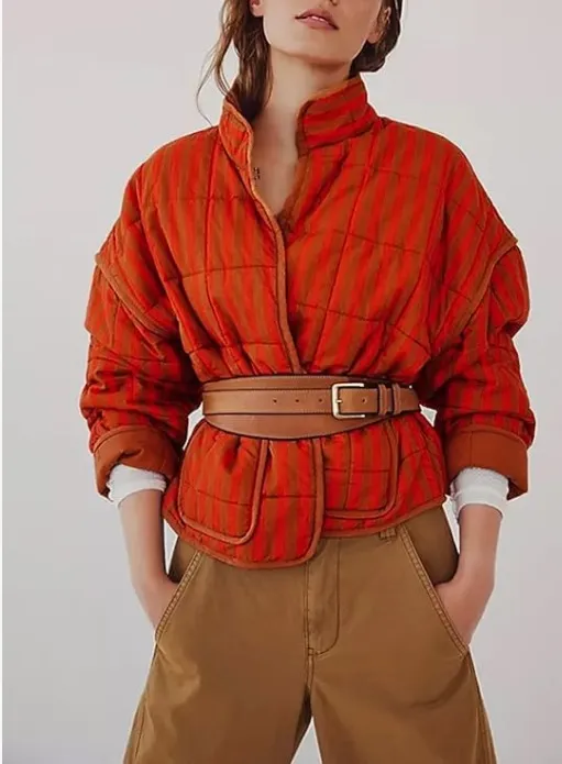 Amazon Women's Loose Retro Striped Quilted Jacket Stand Collar Cropped Puffer Outerwear Vintage Coat with Contrast - Image 4