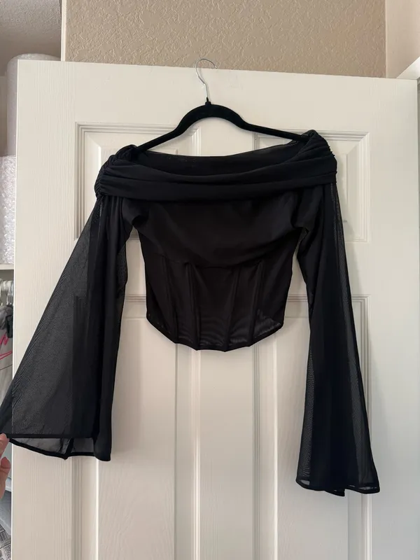BNWT Zara Black Asymmetric Draped Bell Sleeve Tulle Top - Image 6