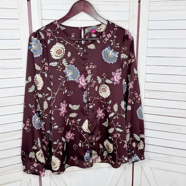 Vince Camuto Floral‎ Puff Sleeve Button Front Blouse Brown Pink Small Wildflower - Image 7