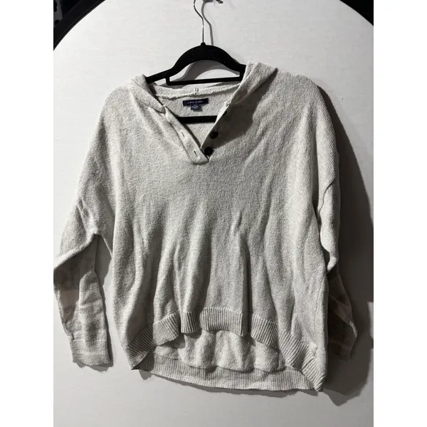 American‎ Eagle Knit Hooded Pullover Sweater Light Gray Button Neck Size L - Image 2