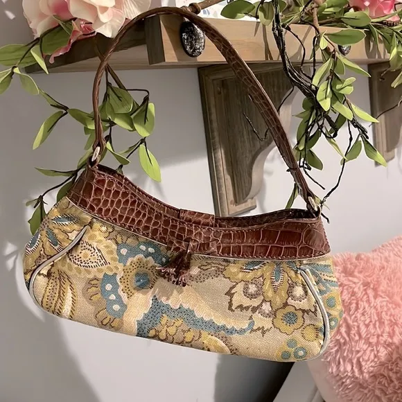 Liz Claiborne Purse Small Alligator Look Strap Floral Brown Gold Shoulder Bag - Image 2