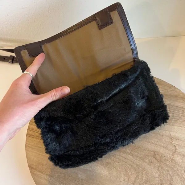 KDB Brown Genuine Cowhide Leather Black Fur Lined Crossbody Small Bag - Image 3