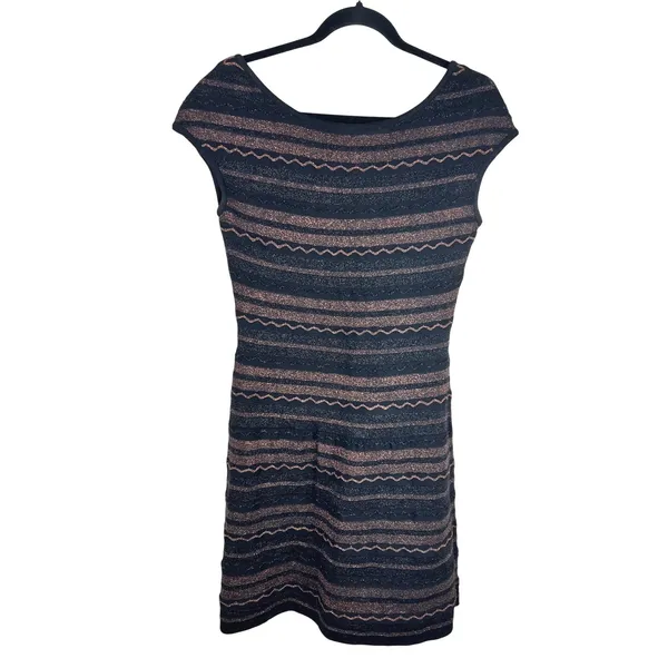 Peruvian Connection Black Gold Metallic Zig Zag Knit Cap Sleeve Mini Dress Small - Image 2
