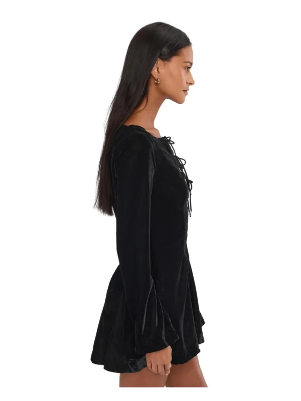 Free People Black Velvet Lace-Up Long Sleeve Mini Dress Size 8 - Image 3