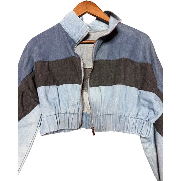 Unbranded Women NA Colorblock Denim Cropped Bomber Jacket Blue Black‎ Mock Neck - Image 7
