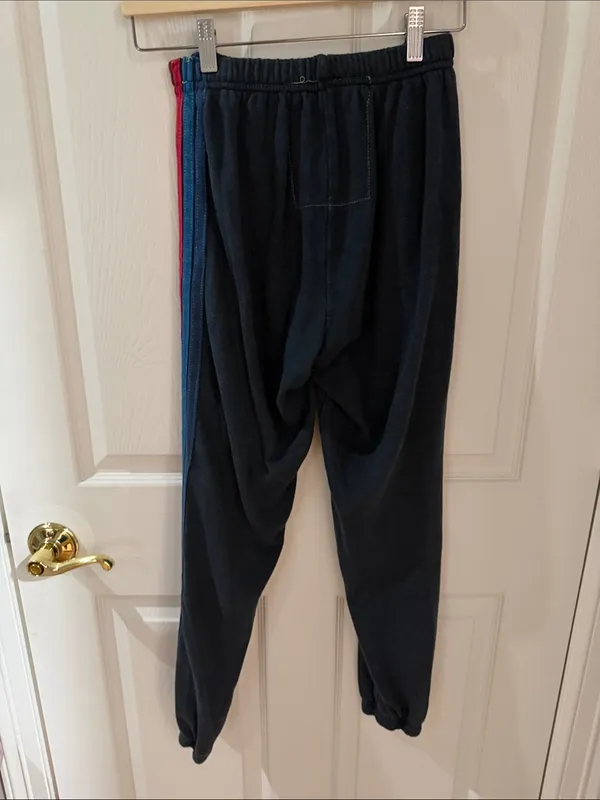Aviator nation navy jogger Pants with Yellow & Red Side Stripes small - Image 4