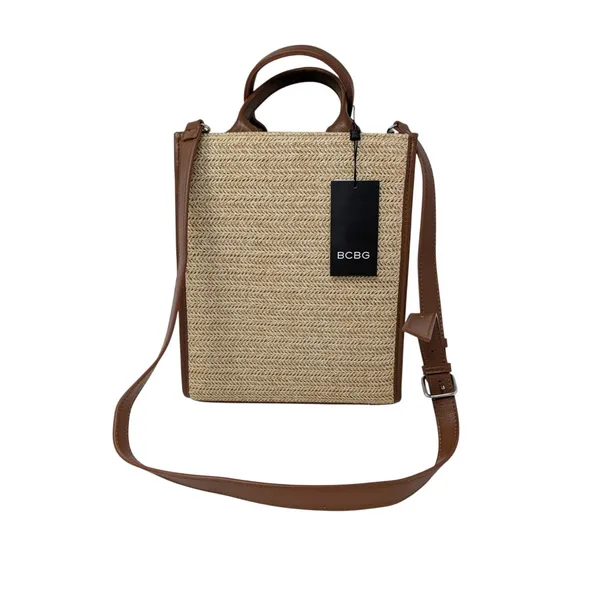 BCBG Straw Woven Tote Bag Natural Cognac Crossbody NWT - Image 2