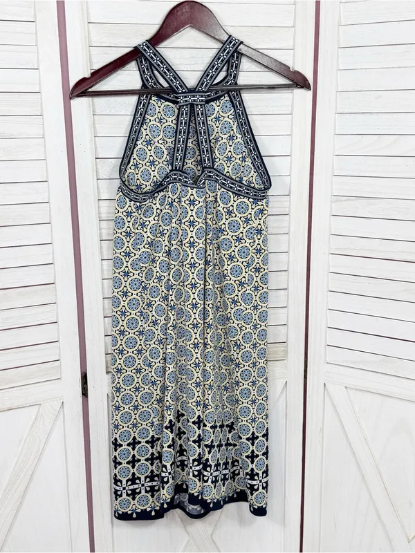 Max Studio‎ Geometric Medallion Print Halter Shift Dress Yellow Blue Medium - Image 8