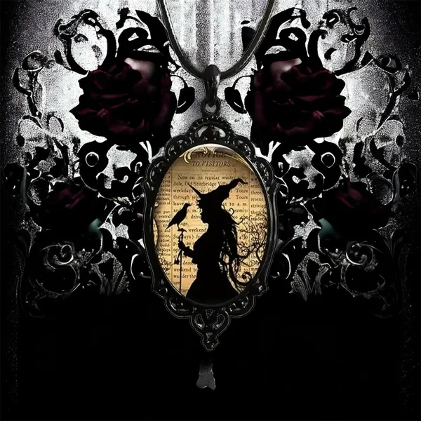 Witch And‎ Raven Cameo Black Pendant, Vintage Style Gothic Crow Glass Pendant - Image 10