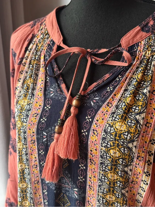 Women’s Coral and Navy Boho Tassel Tie Tunic medium - Image 2