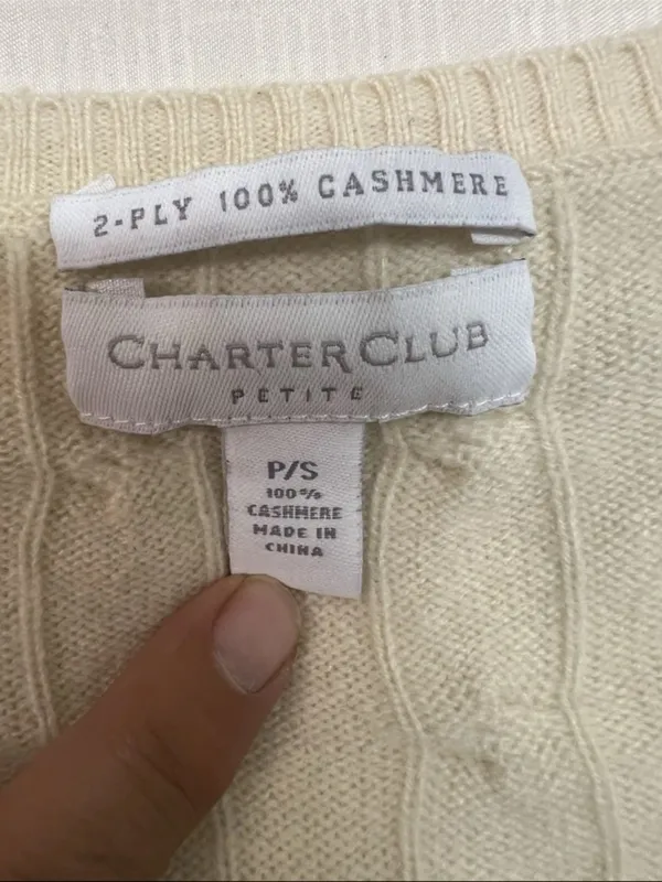 Charter Club Cashmere Sweater V-Neck Cable Knit Beige Long Sleeve Petite Small - Image 3