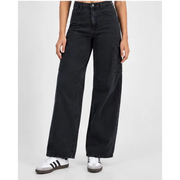 Tinseltown Juniors Baggy Cargo Jeans Size 0 Washed Black High Rise Wide Leg Zip - Image 6