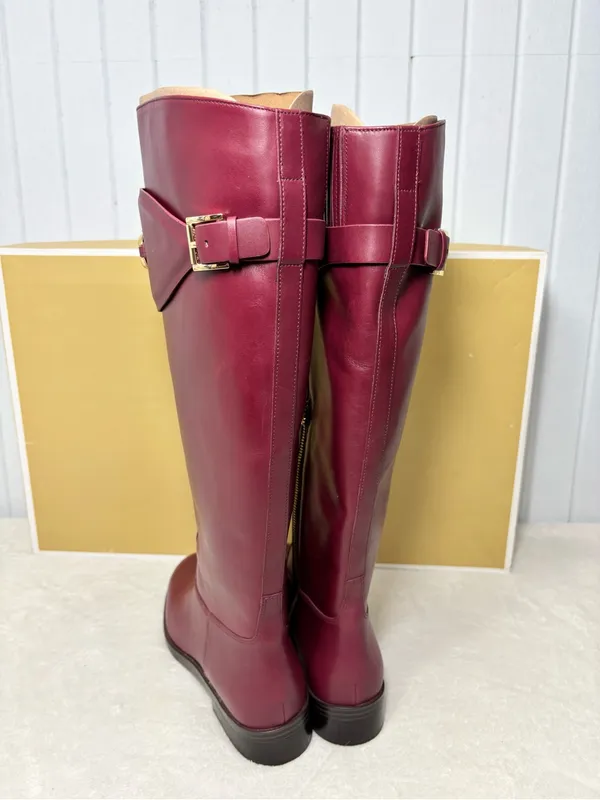 Michael Kors Izzy Tall Leather Riding Boots Dark Berry Color with Gold MK Accent - Image 6
