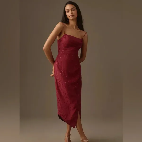 By Anthropologie Asymmetrical Slip Midi Dress Maroon Floral Printed Size 12 - Image 4