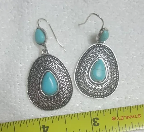 Vintage Boho Silver Turquoise Gemstone Drop Dangle Hooks Earrings Blue - Image 4