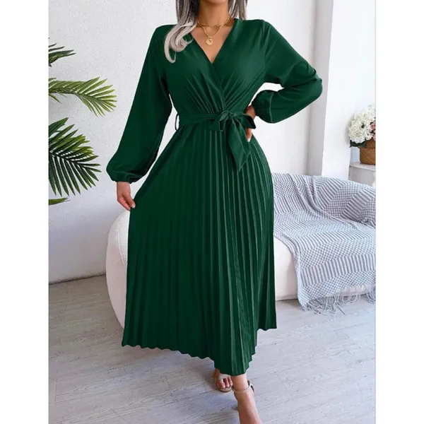 NEW Green Long Sleeve V Neck Loose Fit Pleated Belted Midi Dress XL - Image 5