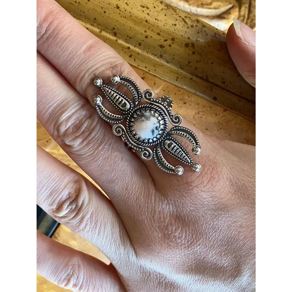 White Buffalo Turquoise Sterling Silver Ring Size 10 Black - Image 3