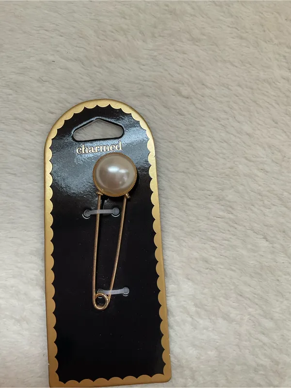 Charmed Faux Pearl Gold-Tone Safety Pin Brooch - Image 3