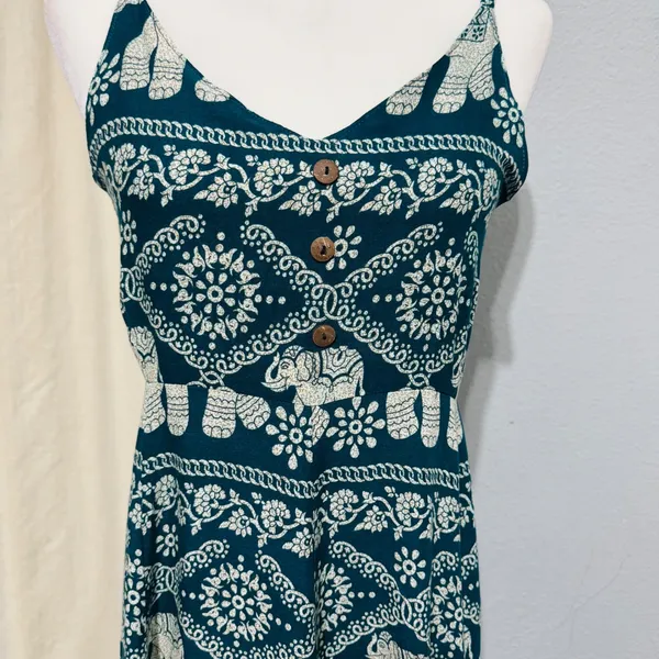 Boho Elephant Print Sundress Dress Size‎ S Teal Cream Smocked Back Mini Thailand - Image 2
