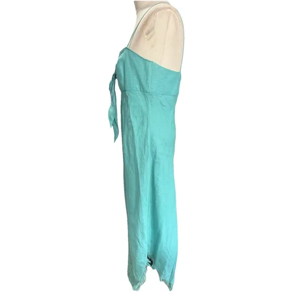 Le Muse Women's 100% Linen Bow Front Asymmetrical Midi Dress Teal Blue Sz 6 - Image 4