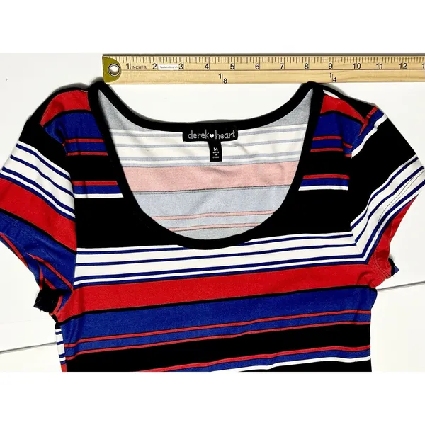 Derek Heart Striped Maxi Dress Med Blue Red White Jersey Knit Short Sleeve VGUC - Image 8