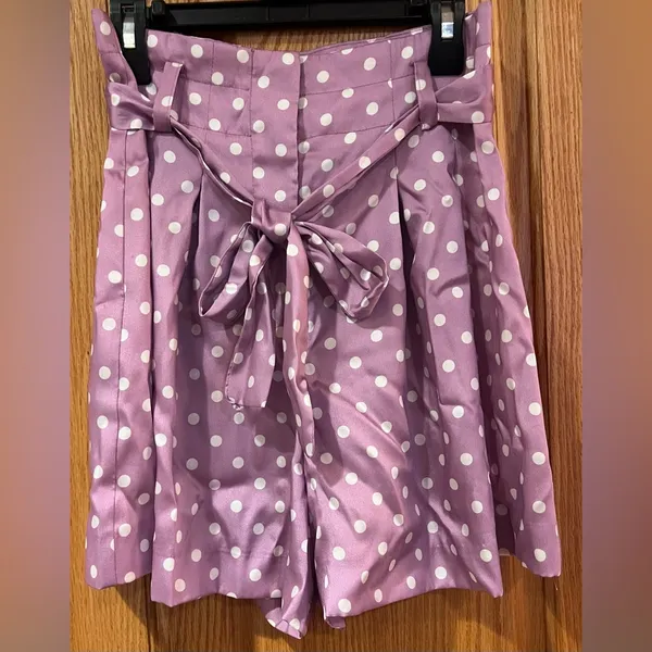 ZARA Lilac & White Polka‎ Dot High Waisted Flowy Satin Belted Paperbag Shorts XS - Image 14