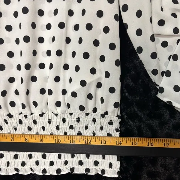 Michael Kors Blouse White Black Polka Dot Smocked Waist Roll Tab Sleeve Office S - Image 7